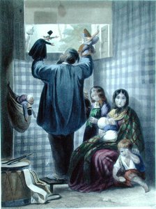La Comedie du Chat」のマリオネットショーの舞台裏、1840年頃（カラーエングレーヴィング） 作： Jules (after) David