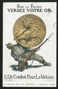 ポストカード『Satirique en Colours』、1915年頃の作品。フランスのために」「金を注ぐ」「14-18年戦争」「ドイツ・プロイセン」「銀」「敵対勢力とシンボル」「勝利」「借用」「愛国の旅」「雄鶏」「アベル・フェーヴル（1867-1945）のイラスト 作： Jules Abel Faivre