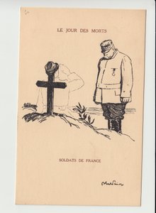 ポストカード、Satirique en N & B、1915年頃。死者の日-14-18年の戦争、喪に服す Obseques Funerailles - Joffre, Soldiers イラスト：Abel Faivre (1867-1945)