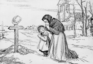 第一次世界大戦中、父と夫の墓の前で泣く未亡人とその小さな娘（11月1日