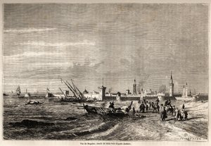 ジュール・ノエル（1810-1881）が描いたエッサウイラ（旧モガドール）の眺め。パリの "Le tour du monde, nouveau journal des voyages "に掲載された版画。 作： Jules Achille Noel