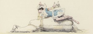 馬上に寝そべり、腕と頭に鳩を乗せたサーカス団員（カラーリトグラフ 作： Jules Arsene (after) Garnier