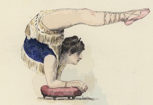 エルボースタンドをする女性体操選手（カラーリトグラフ