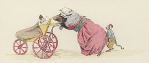 豚が乳母車で犬を押し、後ろには猿がいる（カラーリトグラフ 作： Jules Arsene (after) Garnier
