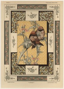 鳥、「ファンタジーの装飾品」の35版、ジローの彫刻、ジュール・ルアム発行、パリ、Librairie de l&39;Art、1887年（カラー彫刻） 作： Jules Auguste Habert Dys