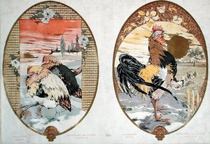 コックとニワトリ、屏風のデザイン、1900年頃（カラーリトグラフ）