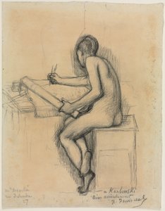 座っている裸の女性モデルの描画の研究