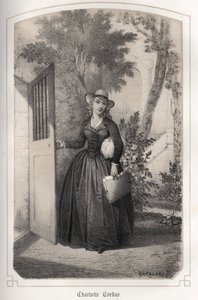 シャルロット・コルデー (1768 - 1793) の肖像。 ドロホヨスカ伯爵夫人による「フランスの輝かしい女性たち」。 MM JULES と BAYALOS の DRUTS のイラスト。 1850年頃。 作： Jules and Bayalos Aime de David