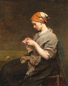 若い女の子の編み物 作： Jules Breton