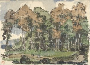 森の端にある道、田舎の人々が働いている 作： Jules Chadel
