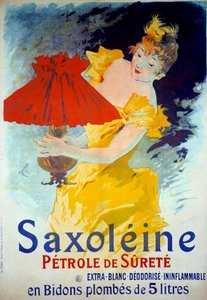 製品「Saxoleine Petrole de surete」の広告ポスター。女性がランプにオイルを入れている。ジュール・シェレ（1836-1932）の安全ランプ用オイル「Saxoleine」の広告ポスター 作： Jules Cheret