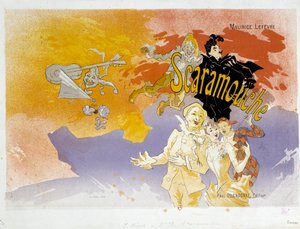 モーリス・ルフェーヴルの「スカラムーシュ」のブックカバー。ジュール・シェレ（1836-1932）によるイラストレーション 1891年 パリ、B.N. 作： Jules Cheret