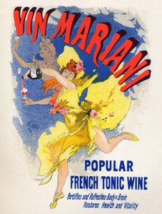 食べ物と飲み物。マリアーニのフレンチトニックワイン（初代コカワイン）。ジュール・シェレ（1836-1932）のポスター（フランス 作： Jules Cheret