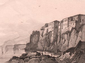 Torquato Tasso の家のあるソレントの眺め、カンパニア、イタリア、Jules Coignet (1798-1860) による描画後の Sauvage による鋼の彫刻、約 13x10 cm 作： Jules Coignet