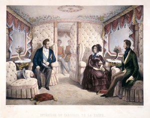 王室の馬車に乗るルイ・フィリップ王、ヴィクトリア女王、アルバート王子（1846年）。     作： Jules David