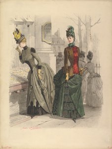 デイ・ドレスを着た二人の女性。1886年10月19日、「...からのファッション・プレート」のための準備のためのドローイング。 作： Jules David