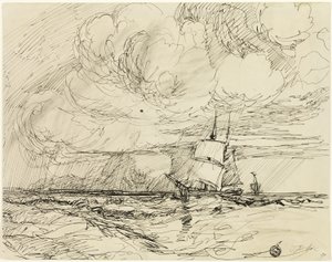 嵐の間の海での船 作： Jules Dupré