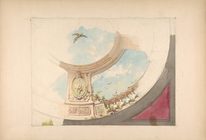 だまし絵の手すりと空を備えた天井のデザイン、19 世紀後半。 作成者: ジュール・エドモン・シャルル・ラシェーズ、ウジェーヌ・ピエール・グルデ。