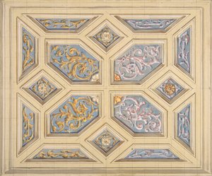 リンソーで飾られた格間天井のデザイン、1840-97年。 作成者: ジュール・エドモンド・シャルル・ラシェーズ、ウジェーヌ・ピエール・グルデ。 作： Jules Edmond Charles Lachaise and Eugène Pierre Gourdet