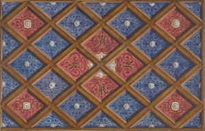 イニシャルが描かれた格天井のデザイン。SRI（1840-97年）。クリエイター。ジュール＝エドモンド＝シャルル・ラシェス、ウジェーヌ＝ピエール・グーデ。 作： Jules Edmond Charles Lachaise and Eugène Pierre Gourdet
