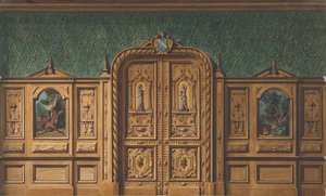 絵画がはめ込まれた木製パネルと重厚な彫刻が施された二重扉を持つ部屋のデザイン、1830-97年。クリエイター。ジュール＝エドモンド＝シャルル・ラシェス、ウジェーヌ＝ピエール・グーデ。 作： Jules Edmond Charles Lachaise and Eugène Pierre Gourdet