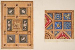 装飾が描かれたパネル天井の2つのデザイン、19世紀クリエイター。ジュール＝エドモンド＝シャルル・ラシェス、ウジェーヌ＝ピエール・グーデ。 作： Jules Edmond Charles Lachaise and Eugène Pierre Gourdet