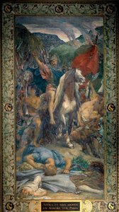 450年のパリを歩くフン族の王アッティラ（395-453）と蛮族の軍団 ジュール・エリー・ドローネー（1828-1891）による19世紀のフレスコ画。パリ、パンテオン 作： Jules Elie Delaunay