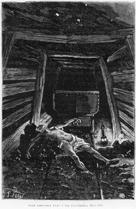 「彼女は窒息の空気で死にかけていました」、エミールゾラ（1840-1902）による「ジェミナル」のイラスト、欲望デュモン（19世紀）、1886年版の彫刻