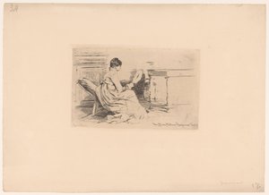 低い椅子に扇風機を持つ女性 作： Jules Ferdinand Jacquemart (attributed to)