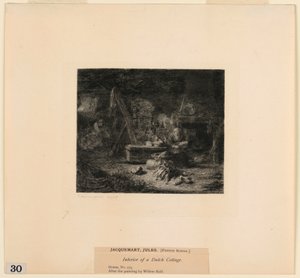 「ニューヨークのメトロポリタン美術館の絵のエッチング」からのオランダのコテージのインテリア 作： Jules Ferdinand Jacquemart
