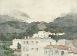 山のふもとのカントリーハウス、遠くの高い山々、ラ・トゥルビ 作： Jules Ferdinand Jacquemart