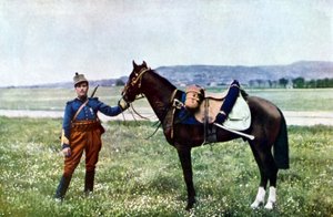 1914年9月、パリ東方のマルヌの戦いでのフランスの准将と彼の馬（オートクローム） 作： Jules Gervais Courtellemont