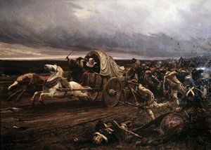 1793 年 3 月にヴァンデで武装したショレ反乱の迂回、10 月に公約と共和党軍によって叱責された「白人」は、ロワールに向かって撤退した。 ジュール・ジラルデ (1856-1938) の絵画 作： Jules Girardet