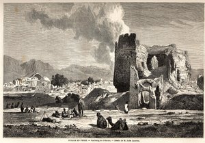 テヘラン（現在のイラン）の郊外。ジュール・ローランス(1825-1901)が、1855年から1858年にかけてアルチュール・ゴビノーが行ったペルシャ旅行を説明するために描いたもの。パリの「Le tour du monde, nouveau journal des voyages」に掲載された版画。 作： Jules Joseph Augustin Laurens