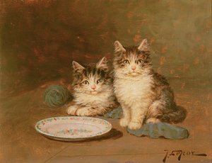 空のボウルを持つ2匹の子猫（パネルに油彩） 作： Jules Leroy
