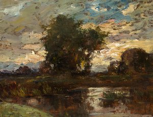 立っている水の上の夕方の空 作： Jules Louis Dupré