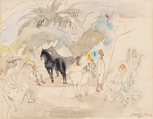 人物と風景の中の2頭の馬、1921年（紙にトイレ） 作： Jules Pascin