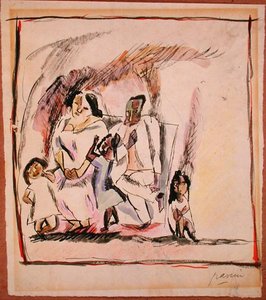 母と父と3人の子供（水彩・紙） 作： Jules Pascin