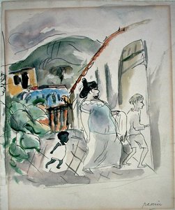 女と二人の子供」（水彩・紙） 作： Jules Pascin