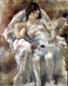 花を持って座る若い女性 作： Jules Pascin