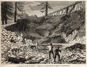 ジュール・ペルコックが、1850年から1852年にかけてのウォーガン男爵のカリフォルニア旅行の物語を説明するために描いたカリフォルニアの採掘場。パリの "Le tour du monde, nouveau journal des voyages "に掲載された版画。 作： Jules Pelcoq