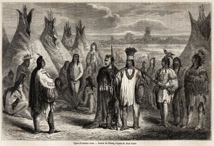 カナダのクリー族インディアンの種類、1857年から59年にかけてジョン・パリサー船長が行ったロッキー山脈の探検を説明するためにペルコックが描いたもの。パリの "Le tour du monde, nouveau journal des voyages "に掲載された版画。 作： Jules Pelcoq