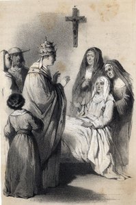 アッシジの聖クレア (キアラ) (c.1192-1253)、「ヨーロッパの輝かしい女性たち」におけるクラレス修道会の創始者。 ドロホヨフスカ伯爵夫人、ラトレイシュの旧姓シモン。 Jules David と Raunheim によるイラスト。 1850年頃 作： Jules and Raunheim Hermann David
