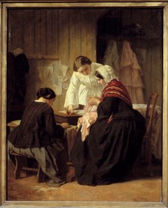 裁縫をする3人の女性ジュール・トレイヤー（1824～1909）の絵画 作： Jules Trayer