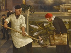 クレヴァーの魚屋で、ジュリー・ジュリエヴィッチ、ヤンガー（1882-1942）。 キャンバスに油彩、サイズ：130x176 作： Juli Julievich the Younger Klever