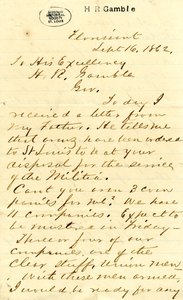 1862年9月16日、フロリサントのジュリアン・ベイツに署名した手紙を、閣下のH.R.ギャンブルに送る。 作： Julian Bates