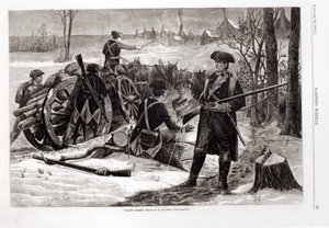 1780年の「ハーパーズウィークリー」からのペンシルバニア州バレーフォージでの大陸軍野営地の冬景色1780 作： Julian Scott