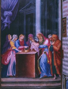 1569年のスペインのフィリップ2世王の修道院の複製からの寺院での発表、1569年（羊皮紙） 作： Julian and Leon, Andres de Fuente del Saz