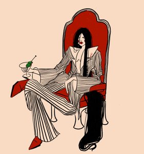 自信に満ちた女性と赤い椅子 作： 