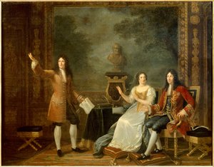 ジャン・ラシーヌ (1639-1699) は、ルイ 14 世 (1638-1715) とメンテノン侯爵 (マダム) のフランソワーズ・ドービーニュ (1635-1719) の前で「アタリー」を読んでいます。 ジュリー・フィリポール (1780-1834) の絵画 作： Julie Philipault